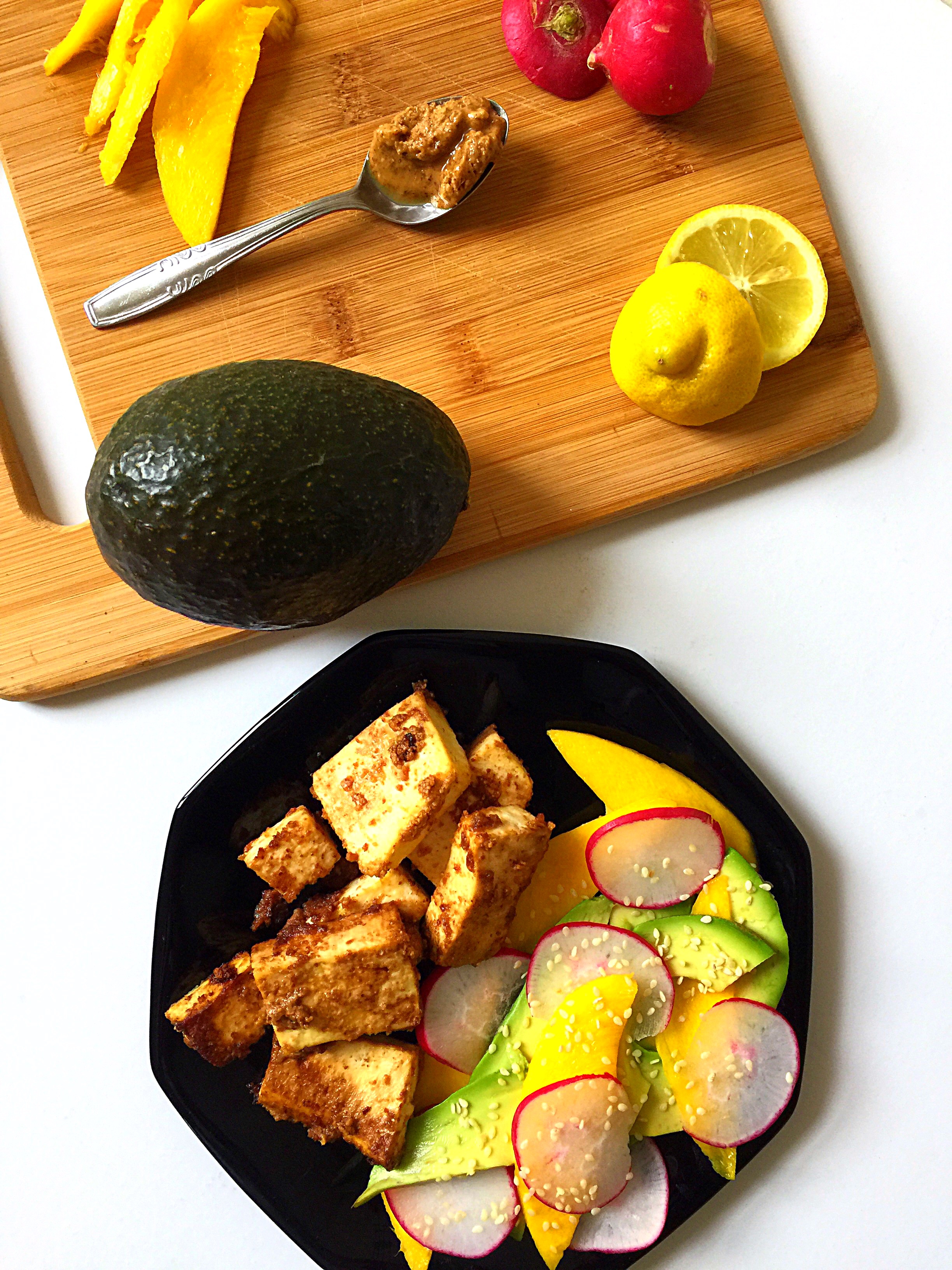 Almond Butter Roasted Tofu with Mango Avocado Salad | Whisk and Shout